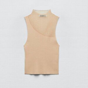 Zara Combination Knit Sleeveless Turtleneck Top in Beige-Pink Size L